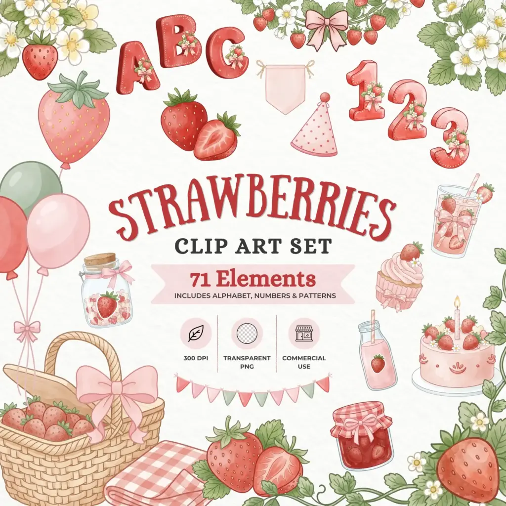 Watercolor strawberry clipart set cover showing 71 elements including strawberries, birthday cake, picnic basket, balloons, alphabet, numbers, and patterns