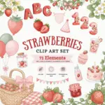 Watercolor strawberry clipart set cover showing 71 elements including strawberries, birthday cake, picnic basket, balloons, alphabet, numbers, and patterns