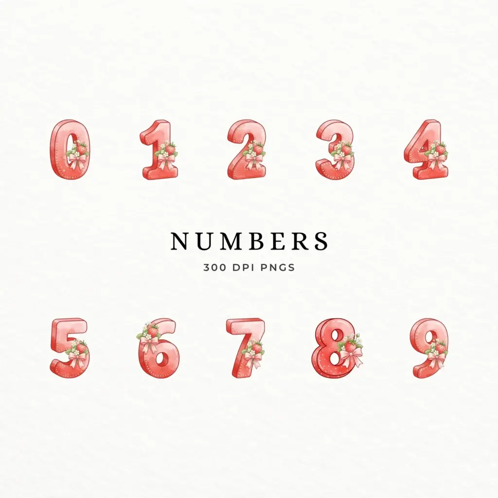 Watercolor red 3D numbers 0 to 9 decorated with mini strawberries, white blossoms, and pink bows for milestone birthday decor