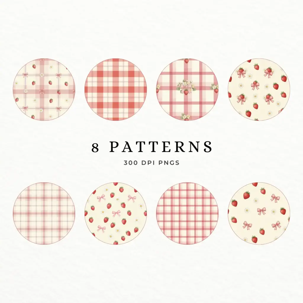Eight circular previews of seamless strawberry and pink gingham check pattern designs for digital paper and gift wrap