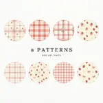 Eight circular previews of seamless strawberry and pink gingham check pattern designs for digital paper and gift wrap