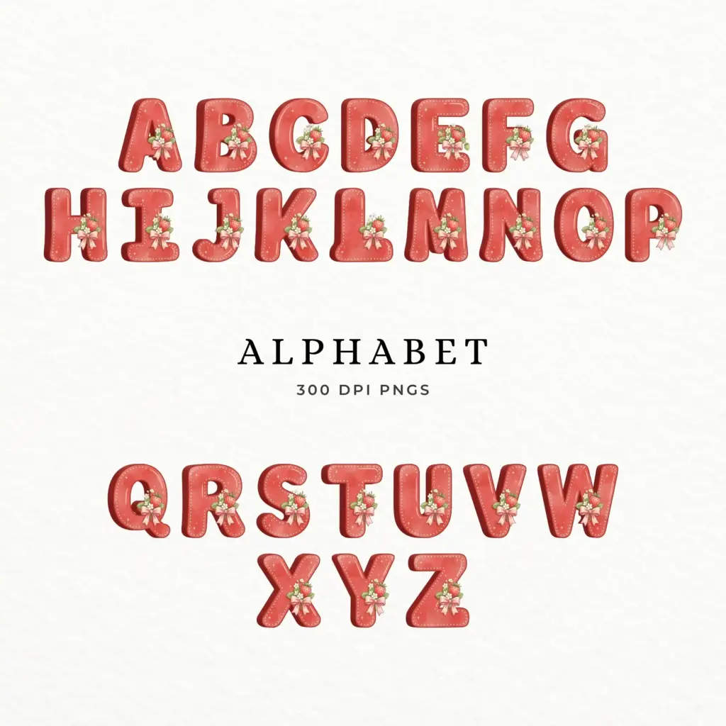 Full 3D red watercolor alphabet letters A to Z embellished with strawberries and floral bow accents