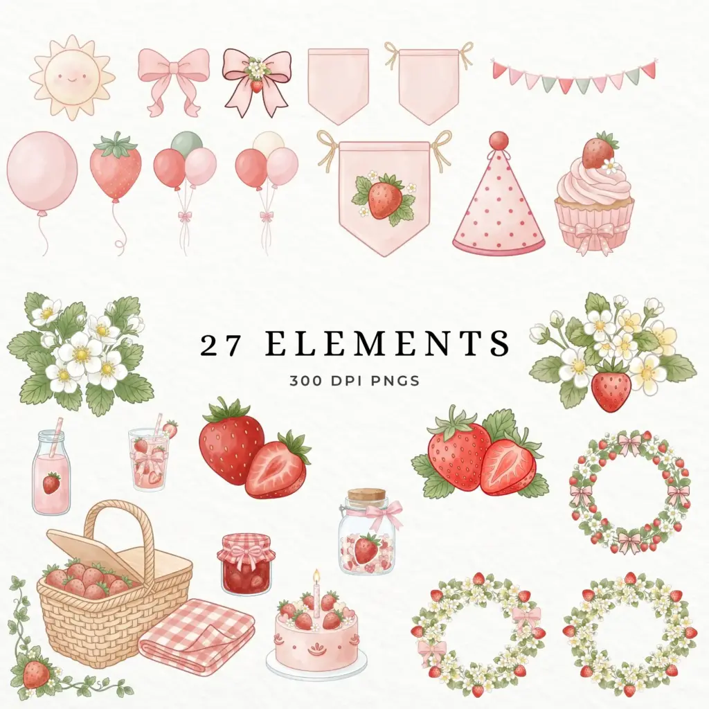 Overview of 27 watercolor strawberry party elements including picnic basket, cake, jam jar, banners, wreaths, and drinks