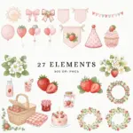 Overview of 27 watercolor strawberry party elements including picnic basket, cake, jam jar, banners, wreaths, and drinks